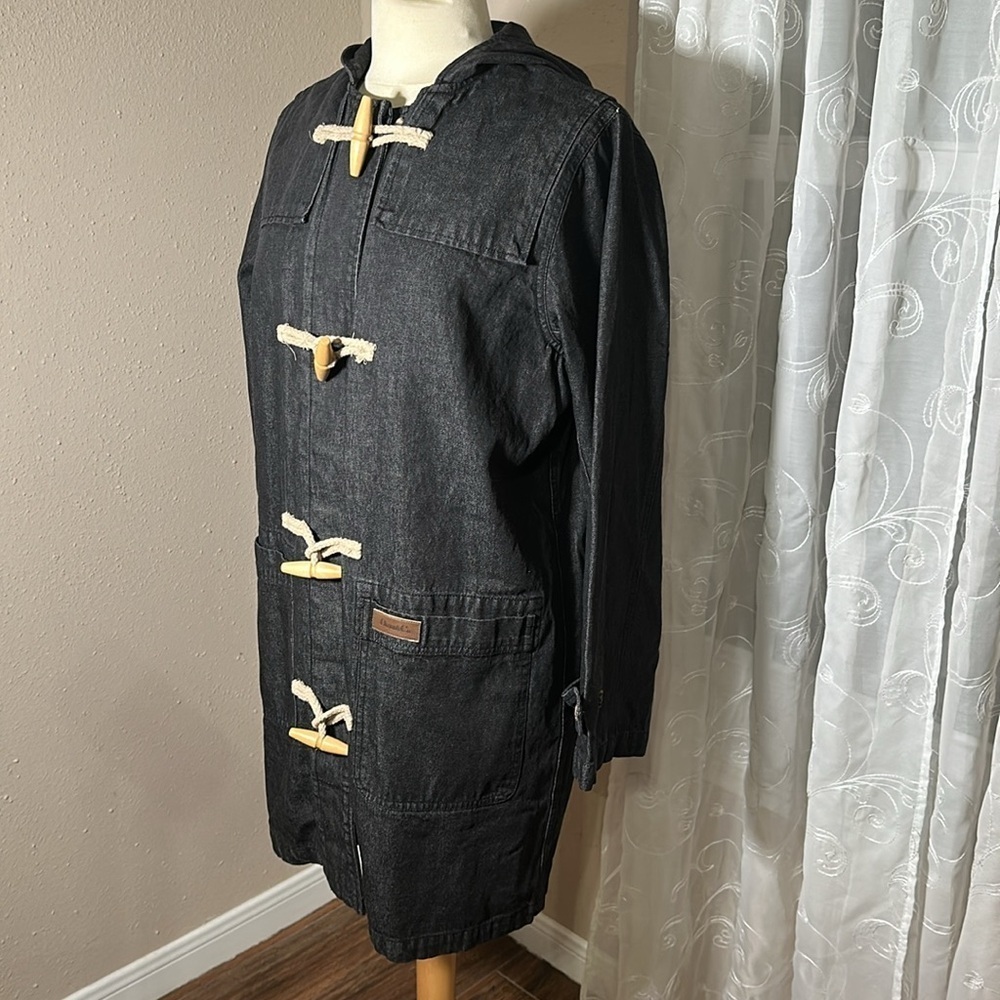 Denim & Co Lined Charcoal Denim Utility Hooded Coat Toggle Button Closure M NEW - Picture 3 of 16